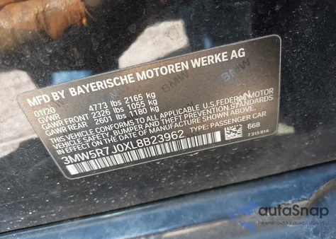 2020 BMW 330I xDrive из США, поврежденный, VIN 3MW5R7J0XL8B23962